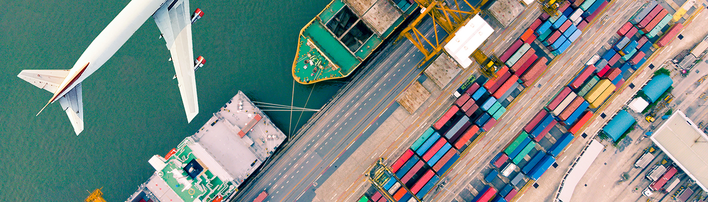 Vue aérienne d'un porte-conteneurs et d'un avion-cargo avec pont de grue en étant de marche dans un chantier naval